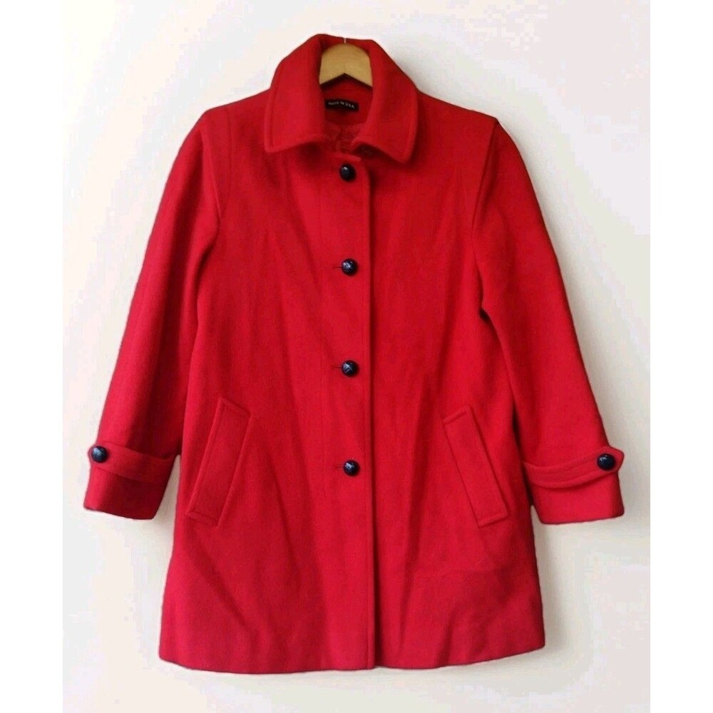 1970s Red Wool Single-Breasted Coat ILGWU Union Made USA Wool Satin Lined S/M -W